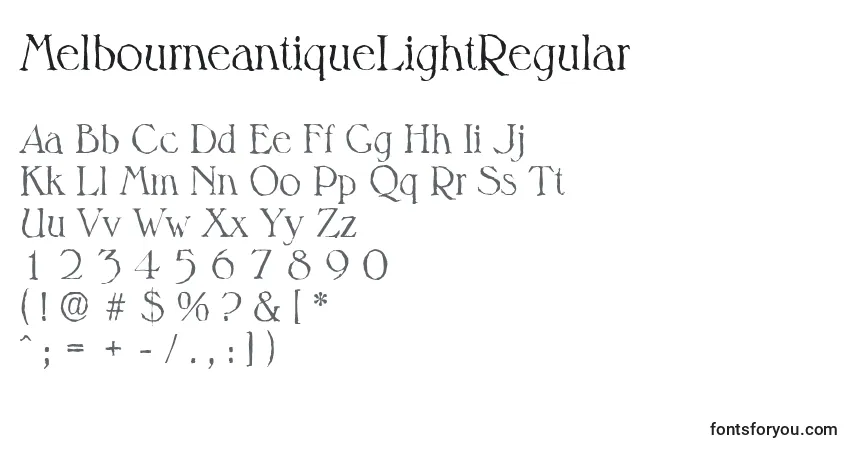 Шрифт MelbourneantiqueLightRegular – алфавит, цифры, специальные символы