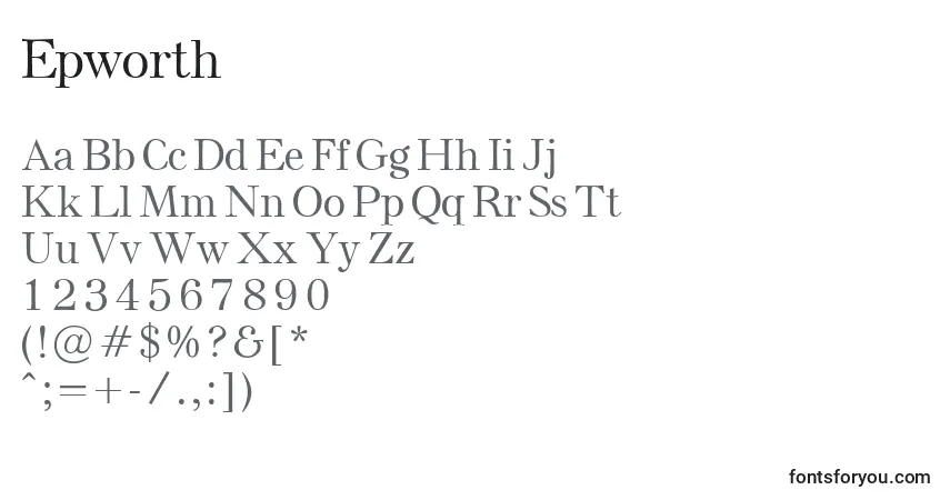 A fonte Epworth – alfabeto, números, caracteres especiais