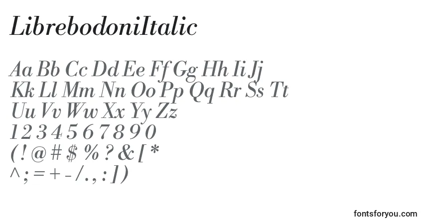 Fuente LibrebodoniItalic - alfabeto, números, caracteres especiales