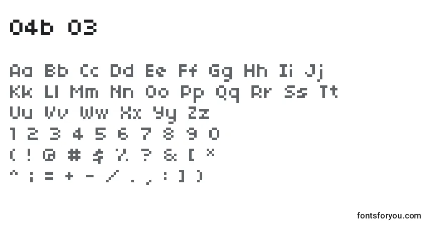 Czcionka 04b 03  – alfabet, cyfry, specjalne znaki