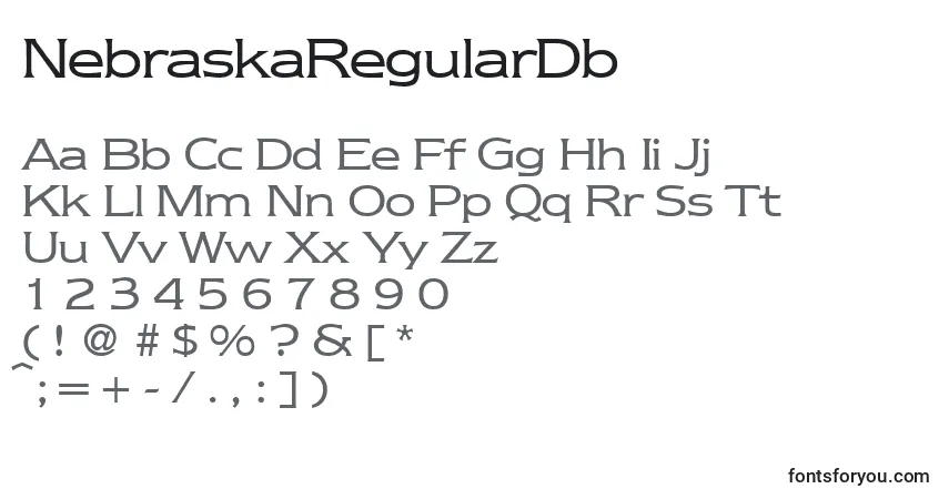 Czcionka NebraskaRegularDb – alfabet, cyfry, specjalne znaki
