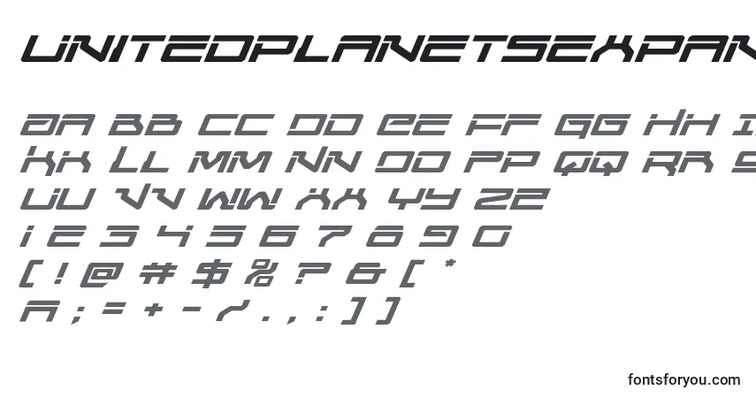 Шрифт Unitedplanetsexpandital – алфавит, цифры, специальные символы
