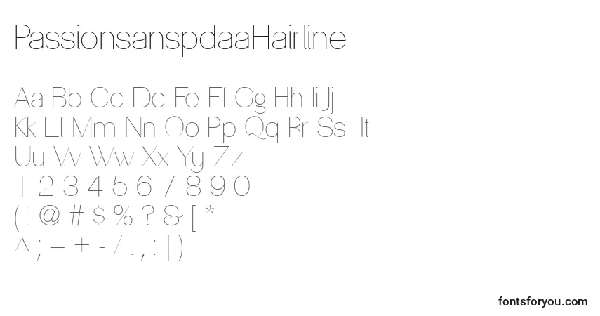 Czcionka PassionsanspdaaHairline – alfabet, cyfry, specjalne znaki