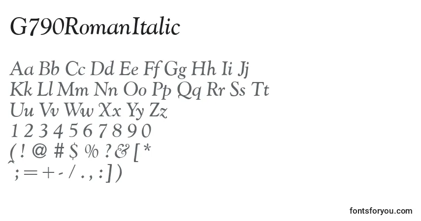 Czcionka G790RomanItalic – alfabet, cyfry, specjalne znaki