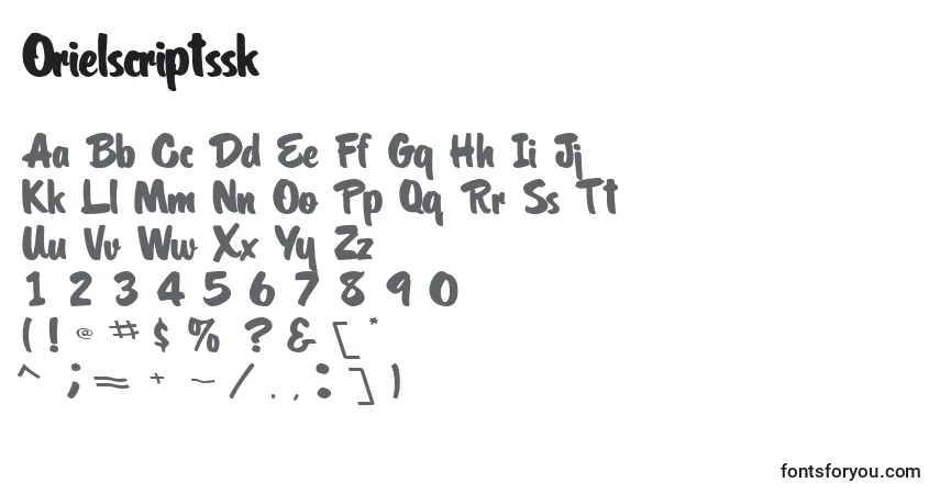 Czcionka Orielscriptssk – alfabet, cyfry, specjalne znaki