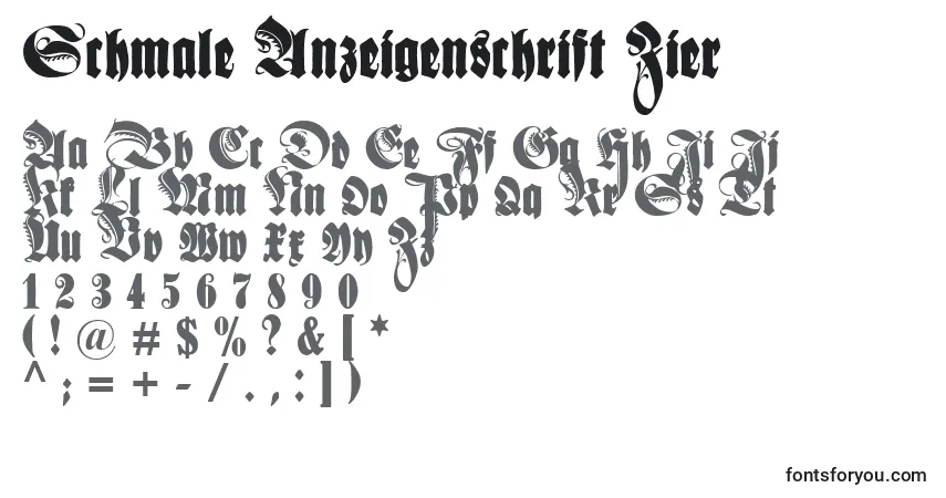 Schriftart Schmale Anzeigenschrift Zier – Alphabet, Zahlen, spezielle Symbole