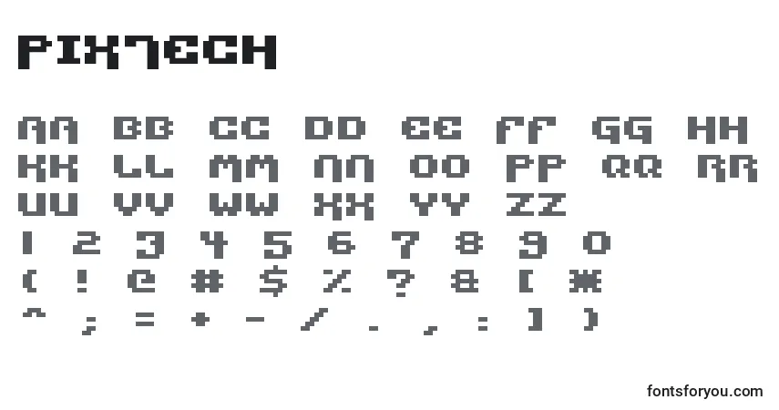 Czcionka Pixtech – alfabet, cyfry, specjalne znaki