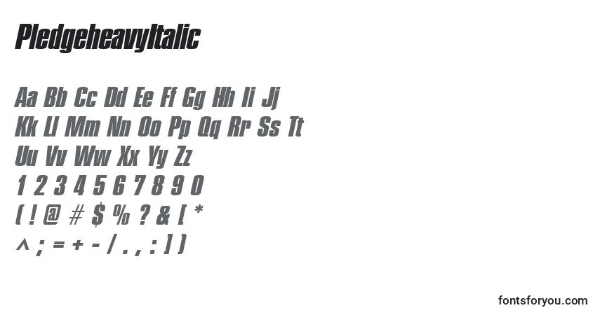 Шрифт PledgeheavyItalic – алфавит, цифры, специальные символы