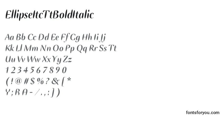 Czcionka EllipseItcTtBoldItalic – alfabet, cyfry, specjalne znaki