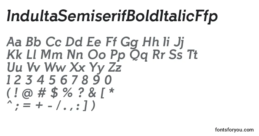A fonte IndultaSemiserifBoldItalicFfp – alfabeto, números, caracteres especiais