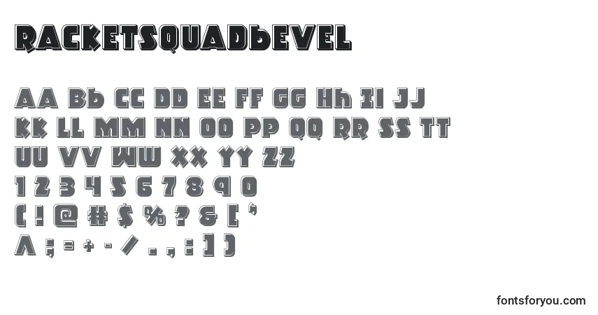 A fonte Racketsquadbevel – alfabeto, números, caracteres especiais