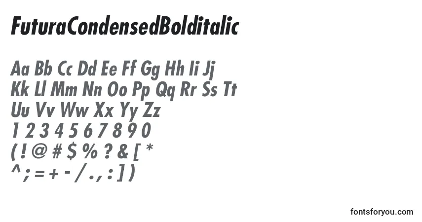 Schriftart FuturaCondensedBolditalic – Alphabet, Zahlen, spezielle Symbole