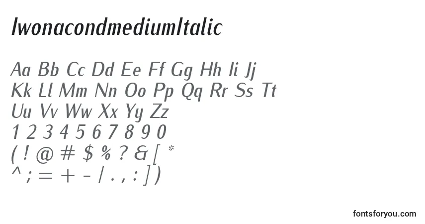Schriftart IwonacondmediumItalic – Alphabet, Zahlen, spezielle Symbole