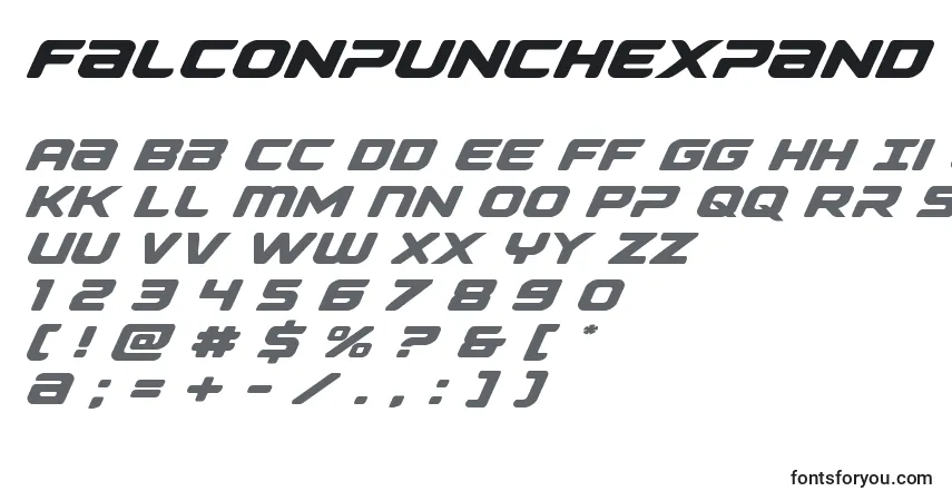 Czcionka Falconpunchexpand – alfabet, cyfry, specjalne znaki