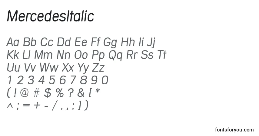 Czcionka MercedesItalic – alfabet, cyfry, specjalne znaki