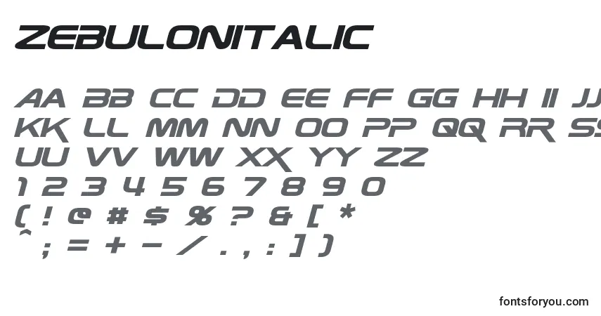 Schriftart ZebulonItalic – Alphabet, Zahlen, spezielle Symbole