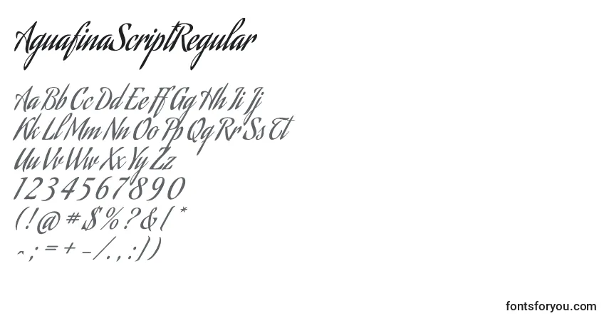 Шрифт AguafinaScriptRegular – алфавит, цифры, специальные символы