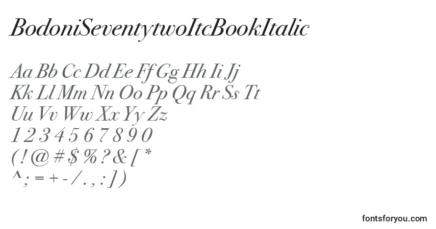 Шрифт BodoniSeventytwoItcBookItalic – алфавит, цифры, специальные символы