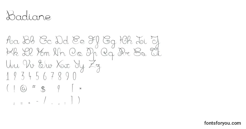 Шрифт Badiane – алфавит, цифры, специальные символы