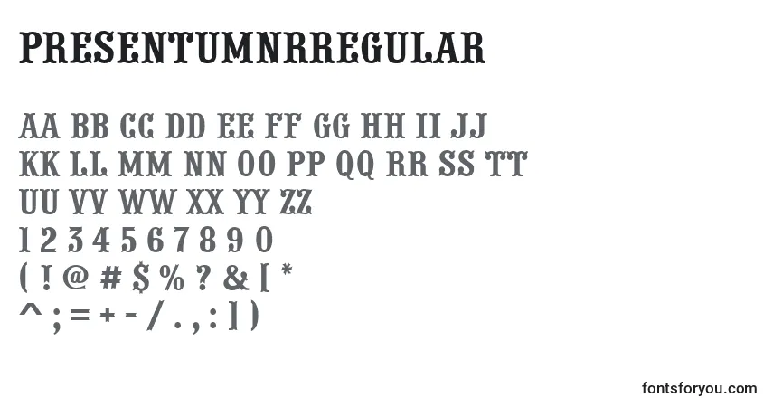 A fonte PresentumnrRegular – alfabeto, números, caracteres especiais