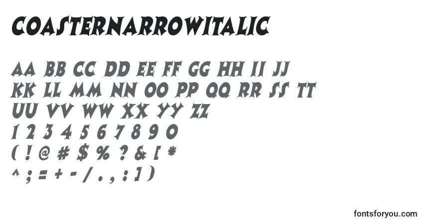 Шрифт CoasternarrowItalic – алфавит, цифры, специальные символы