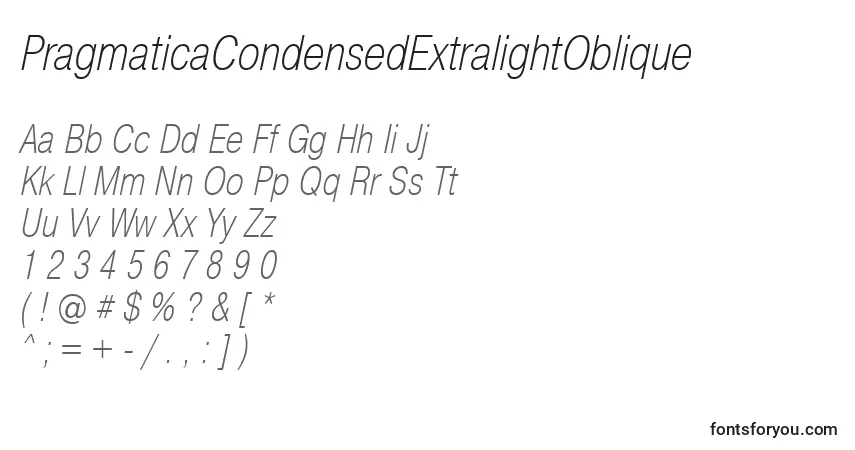 Czcionka PragmaticaCondensedExtralightOblique – alfabet, cyfry, specjalne znaki