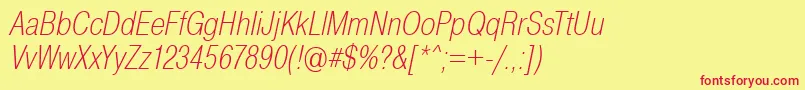PragmaticaCondensedExtralightOblique-Schriftart – Rote Schriften auf gelbem Hintergrund