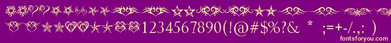 HeartsAndStars-fontti – keltaiset fontit violetilla taustalla
