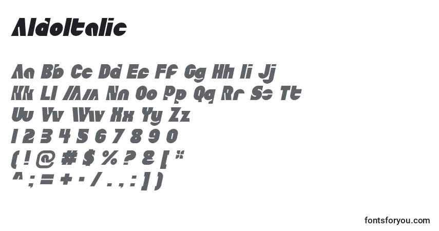 Шрифт AldoItalic – алфавит, цифры, специальные символы