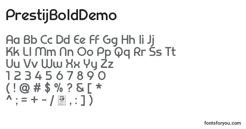 Schriftart PrestijBoldDemo – Alphabet, Zahlen, spezielle Symbole