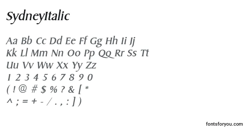 Czcionka SydneyItalic – alfabet, cyfry, specjalne znaki
