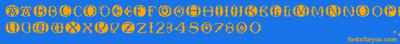 フォントToskanacapsround – オレンジ色の文字が青い背景にあります。