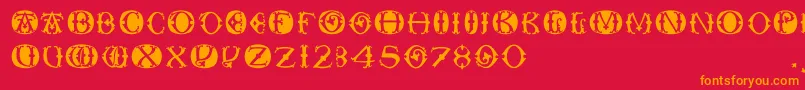 フォントToskanacapsround – 赤い背景にオレンジの文字