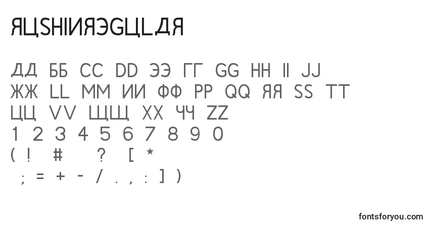 Schriftart RushinRegular – Alphabet, Zahlen, spezielle Symbole