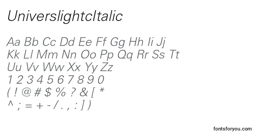 Czcionka UniverslightcItalic – alfabet, cyfry, specjalne znaki