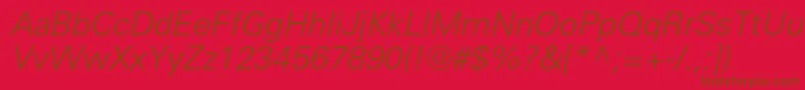 UniverslightcItalic-Schriftart – Braune Schriften auf rotem Hintergrund
