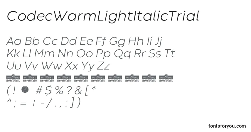 characters of codecwarmlightitalictrial font, letter of codecwarmlightitalictrial font, alphabet of  codecwarmlightitalictrial font