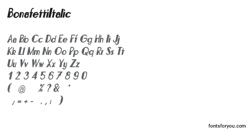 A fonte BonafettiItalic – alfabeto, números, caracteres especiais
