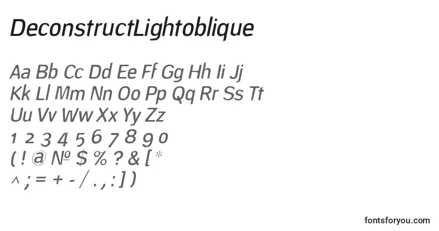 Czcionka DeconstructLightoblique – alfabet, cyfry, specjalne znaki