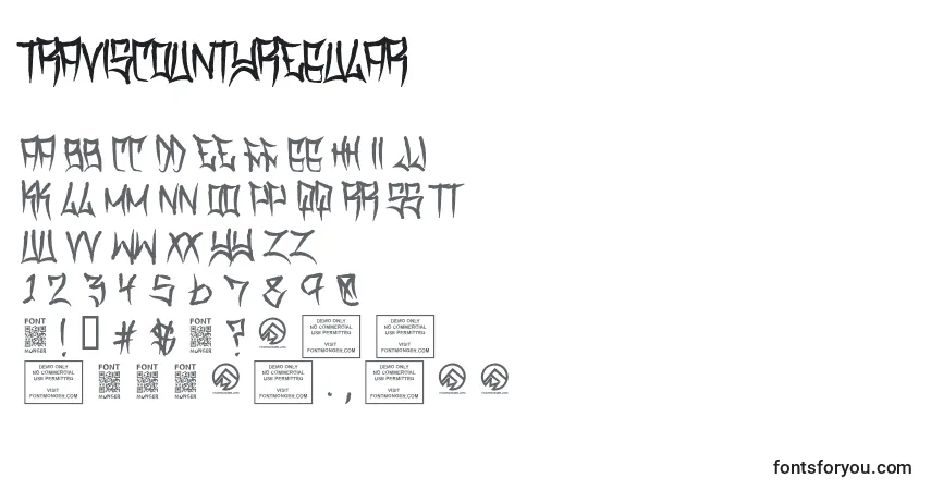 Czcionka TraviscountyRegular – alfabet, cyfry, specjalne znaki
