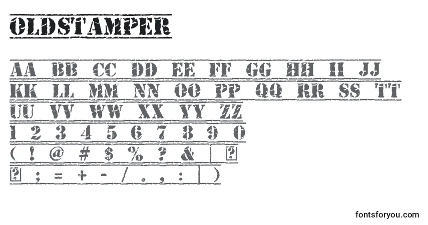 A fonte OldStamper – alfabeto, números, caracteres especiais