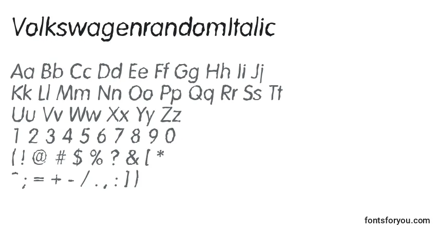 Schriftart VolkswagenrandomItalic – Alphabet, Zahlen, spezielle Symbole