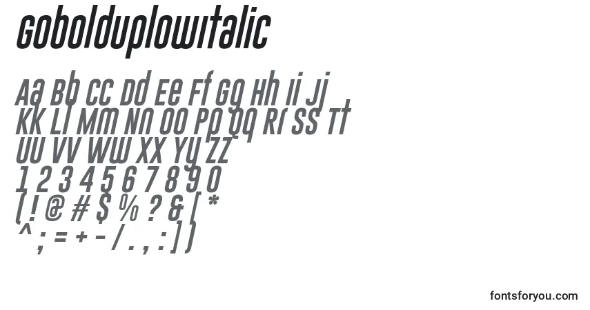 Czcionka GoboldUplowItalic – alfabet, cyfry, specjalne znaki