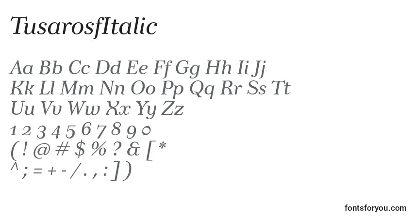 Schriftart TusarosfItalic – Alphabet, Zahlen, spezielle Symbole