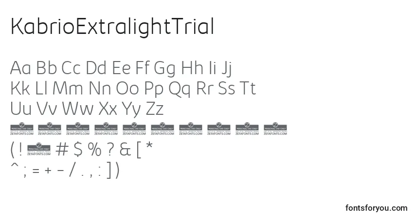 A fonte KabrioExtralightTrial – alfabeto, números, caracteres especiais
