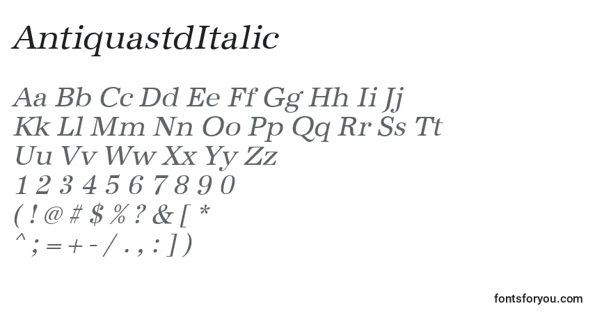 Czcionka AntiquastdItalic – alfabet, cyfry, specjalne znaki