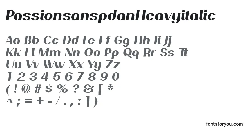 Schriftart PassionsanspdanHeavyitalic – Alphabet, Zahlen, spezielle Symbole