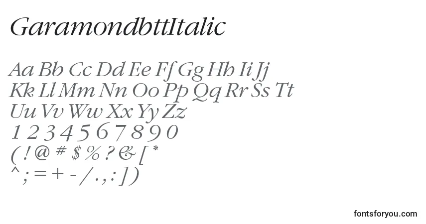 Шрифт GaramondbttItalic – алфавит, цифры, специальные символы