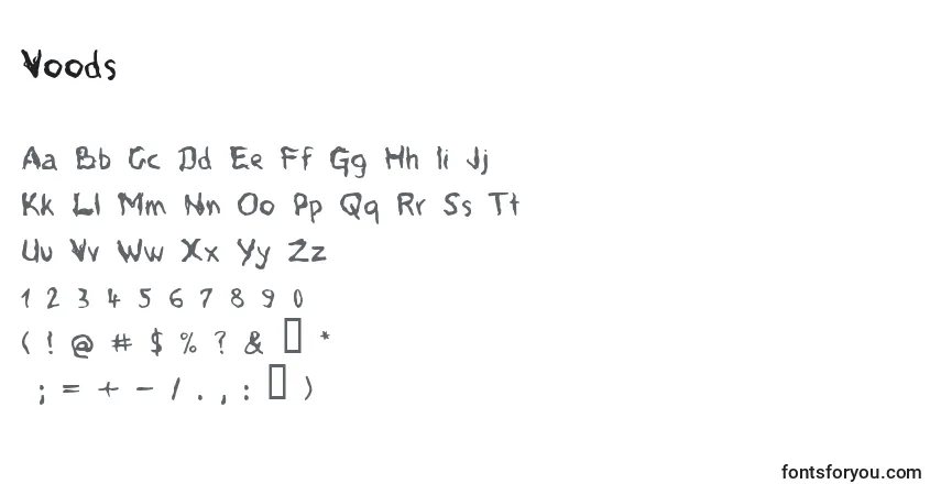 Czcionka Voods – alfabet, cyfry, specjalne znaki