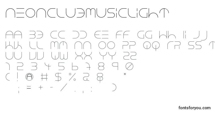 A fonte NeonClubMusicLight – alfabeto, números, caracteres especiais